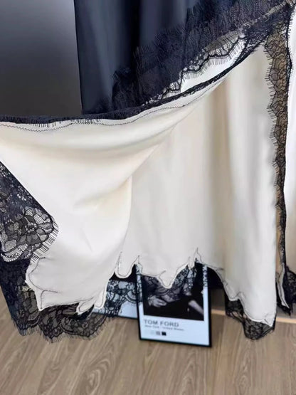 Sexy Asymmetrical Long Skirts Lace Hem Satin Skirt for Women
