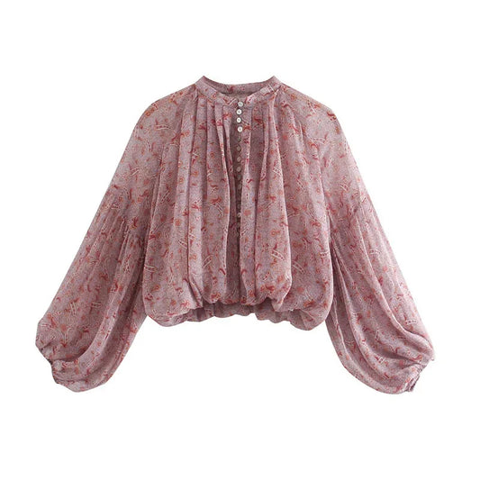 Women's Long Sleeve Printed Puff Sleeve Shirt European American Blouse