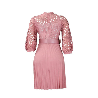 Elegant Dresses for Women O Neck Three Quarter Sleeve Belt Waisted Lace Patchwork Knee Length Luxury Female Birthday Party Dress