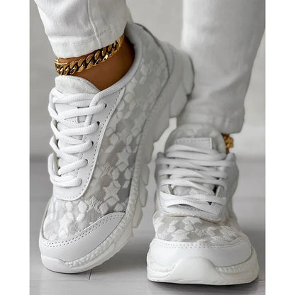 Women Star Pattern Lace-up Breathable Sneakers Daily Casual Round Toe White Sports Shoes Running Shoes