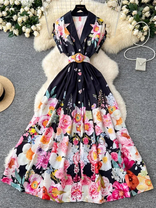 Elegant Vintage Turn-Down Collar Evening Dress Women Print Sashes Button Long Party Dress Female Summer Dress
