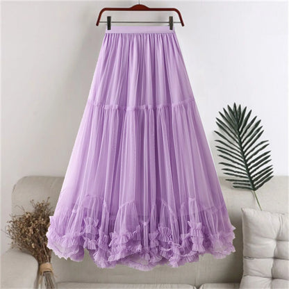 Skirts For Women Ladies A Line Layered Tulle Elastic Waist Midi Length High Waist Solid Mesh Skirt