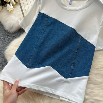 Women Denim pant sets Design Matching Color Short-sleeved T-shirt Tops + High-waisted Casual Pants