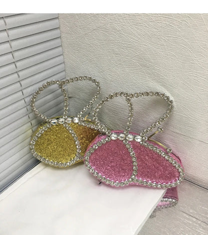 White Rhinestone Pink Butterfly Wedding Evening Clutches Party Prom Purse