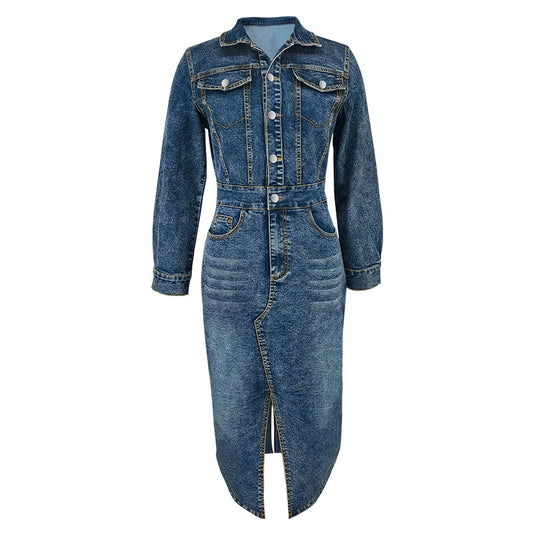 Streetwear Denim Dress Spring Clothes Women Turn Down Collar Up Jean Dresses Cowboy Dress
