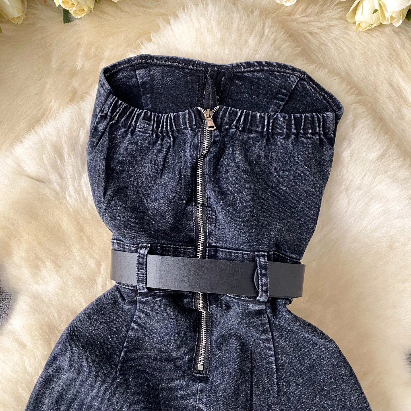 Women Denim One Pieces Summer Playsuit High Waist Slim Sleeveless Strapless Sashes Outfits