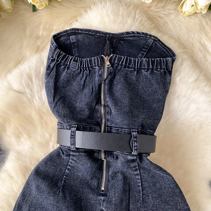 Women Denim One Pieces Summer Playsuit High Waist Slim Sleeveless Strapless Sashes Outfits