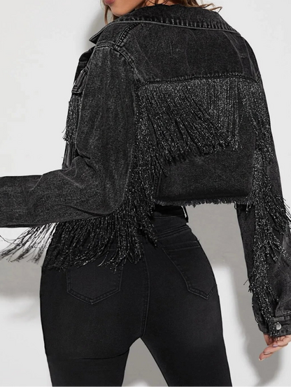 Women's Fringe Jacket Tassel Cropped Denim Jacket Raw Hem Ripped Crop Jean Jackets