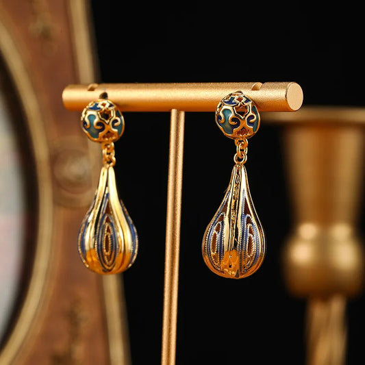 Light Weight Copper Carved Enamel Oil Drop Ethnic Style Retro Earrings for  Women