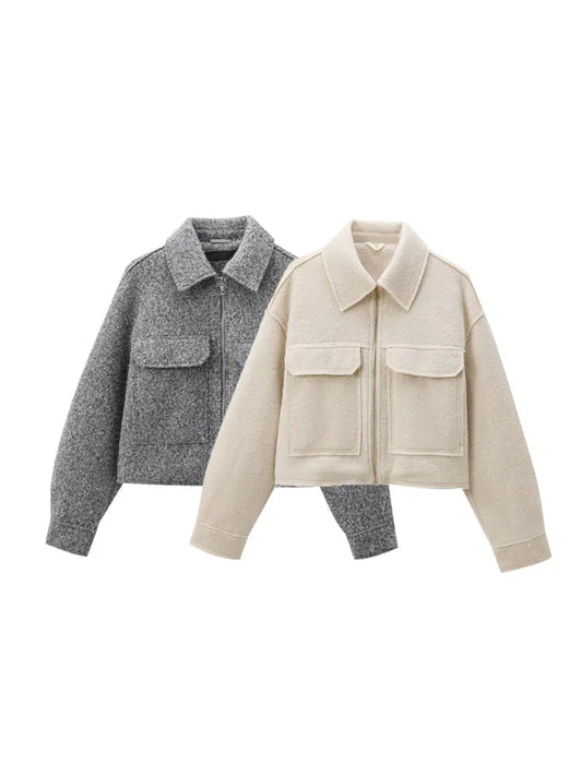 Cropped Jacket with Pockets for Women, Long Sleeve Coat Front Zipper Female Outerwear