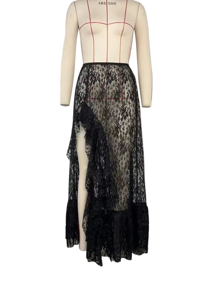 Lace Skirt Transparent Maxi Lace Skirts for Women Asymmetrical Ruffle Lace Skirt
