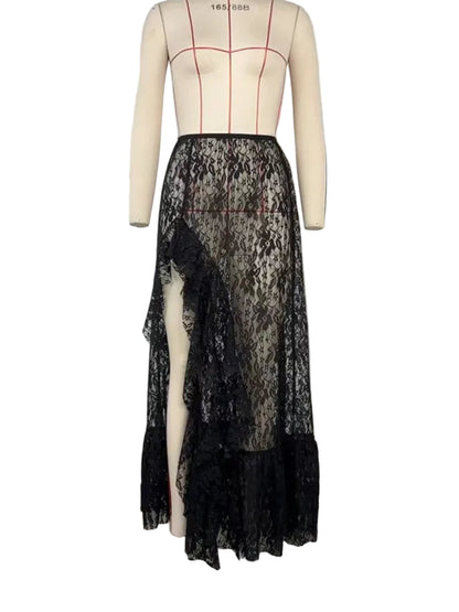 Lace Skirt Transparent Maxi Lace Skirts for Women Asymmetrical Ruffle Lace Skirt