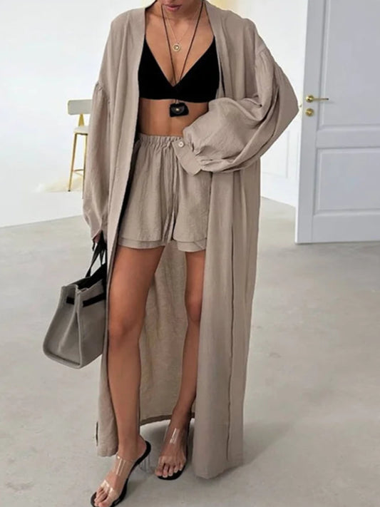 Loose Long Cardigan Lace Up Shorts Sets Women Crop Solid Balloon Sleeve Shirts Elastic Wide Leg Short Pants