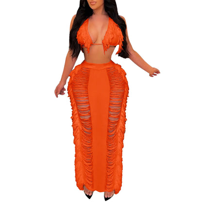 Sexy Elegant Hollow Out Knitted Tassel Wrap Hip Skirt Suit Women Vacation Beach 2 Piece Sets