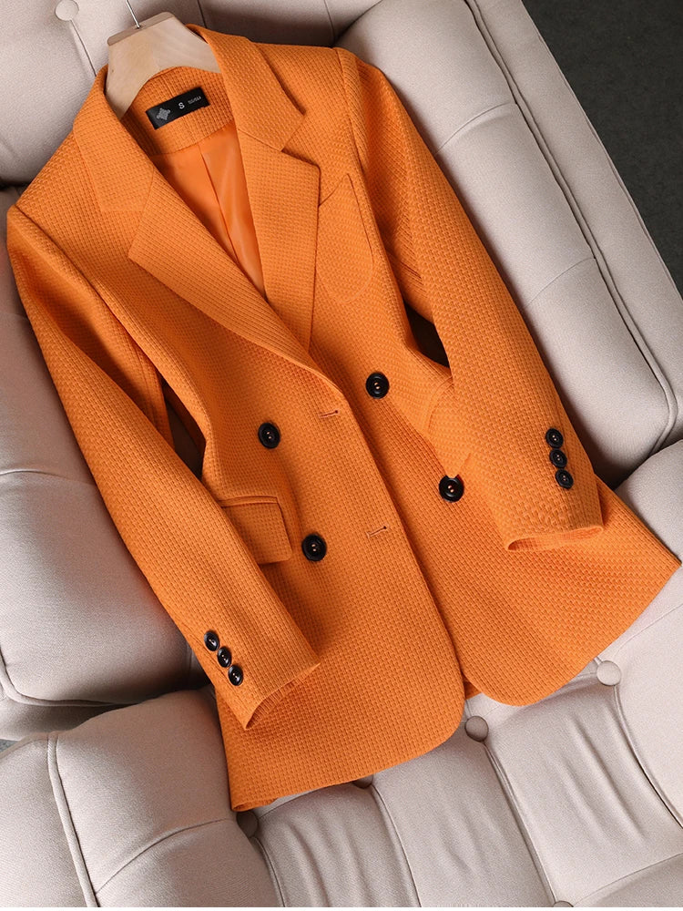 Women Formal Blazer Ladies Female Orange Black Green Plaid Long Sleeve Single Breasted Work Wear Jacket Coat