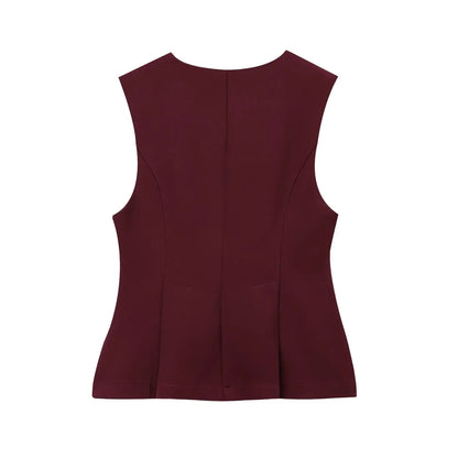 Women Solid Zipper Vintage Causal Sleeveless O Neck Tank Blouse Slim Pleated Vest Blouse High Street Folds Top