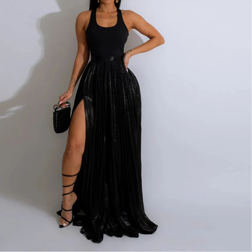 High Side Split Big Swing Pleated Floor Length Skirt High Waist Maxi Skirts