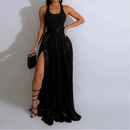 High Side Split Big Swing Pleated Floor Length Skirt High Waist Maxi Skirts
