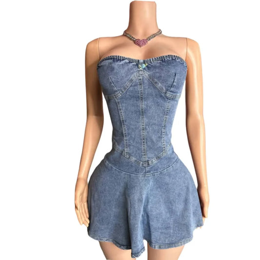 High Quality Elastic Backless Denim Tube Mini Dress for Women