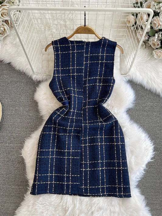 Tweed Plaid Women Dresses Sleeveless Korean Fashion Elegant Office Mini Dress