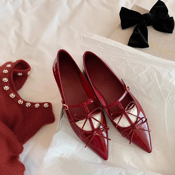 T-strap Pointed Toe Flats Shoes Women Bowtie Buckle Strap Flat burgundy Shoes