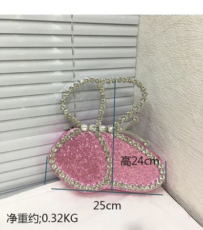 White Rhinestone Pink Butterfly Wedding Evening Clutches Party Prom Purse