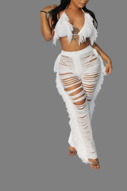 Tassel Knitted Pants Two Piece Set Resort Outfit Vacation Outfit Beach Cover Up