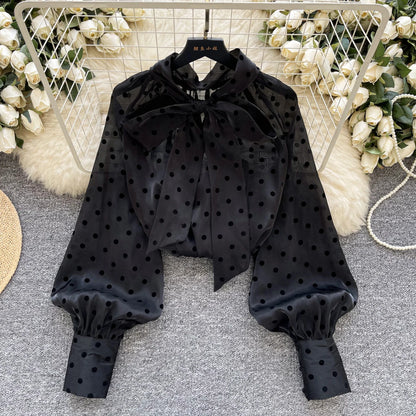 Vintage Polka Dot Tops Puff Sleeve Bow Lace Up Design Blouse