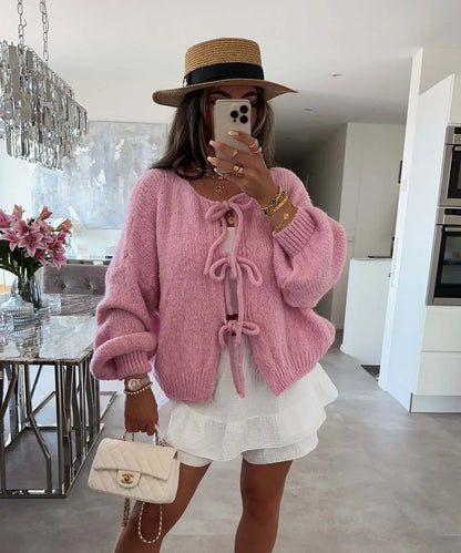 Elegant Knitted Cardigan Sweater Women's Lace up Cardigan