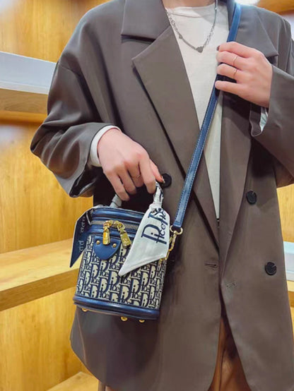 Lightweight Fabric Shoulder Bag, Blue/Black Letter Design, Detachable Strap & Scarf Bag