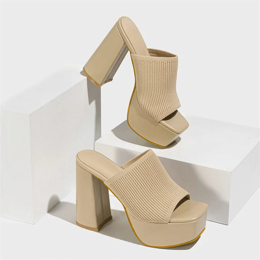 Knitted Platform Slippers Chunky High Heels Women Peep Toe High Heel Slippers