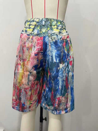 Women's Pockets Graffiti Shorts Hot Casual Summer Shorts Mid Waist Short