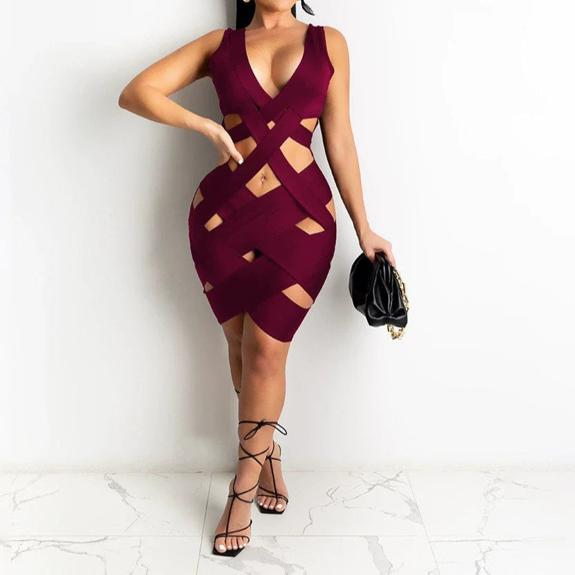 Sleeveless Tight Dress Hollow Out Sheath Mini Y2K Black Sexy Bodycon Dress Club Dress