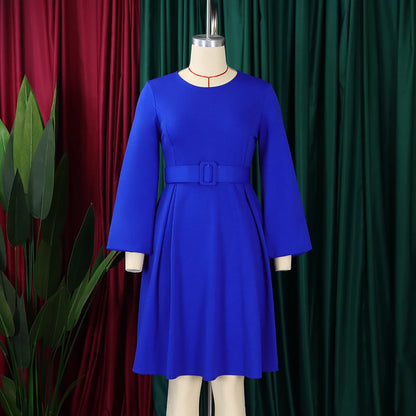 Elegant Office Dresses Women O Neck Full Sleeve Belt Waisted Pleated A Line Mid Calf Formal Female Business Work Wear Dress Midi