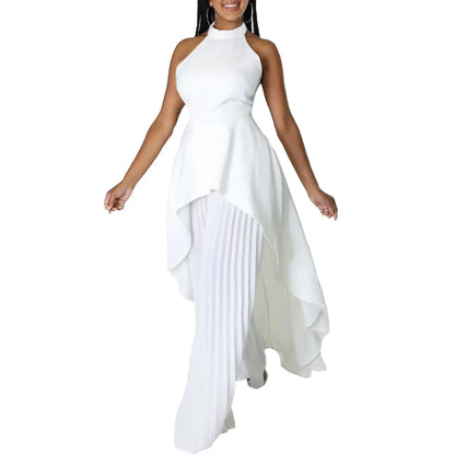 Elegant Two Piece Set Women Outfit Backless Top Hundred Pleated Wide Leg Pants Trousers Suit Summer Office Lady Suit