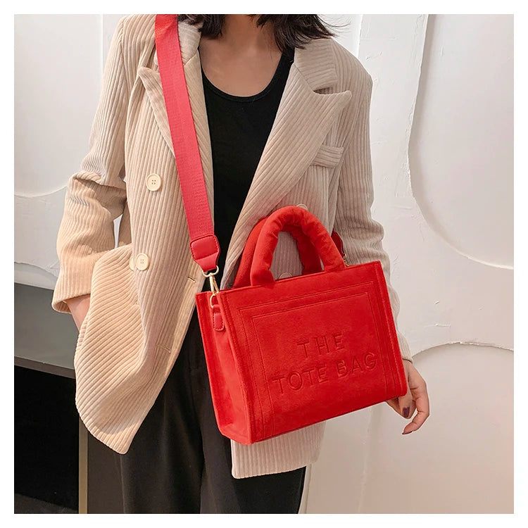 Women's Khaki Velour Tote Bag Original Letter Print Shopper Handbag