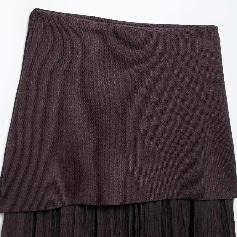 Knitted Patchwork Pleated Side Zipper Midi Skirt Vintage High Waist Female Chic Lady Skirts