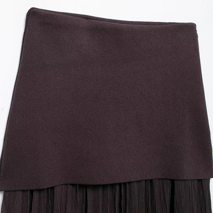 Knitted Patchwork Pleated Side Zipper Midi Skirt Vintage High Waist Female Chic Lady Skirts