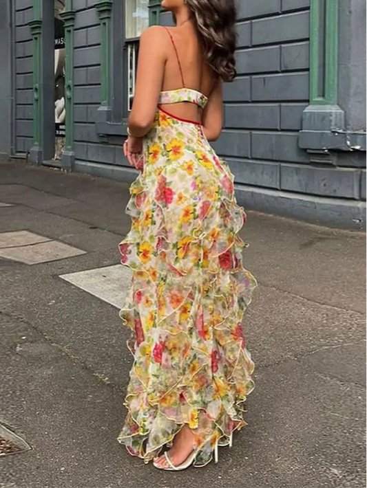 Chiffon Print Ruffles Slip Dress Sleeveless Backless Side Split Party Evening Dress