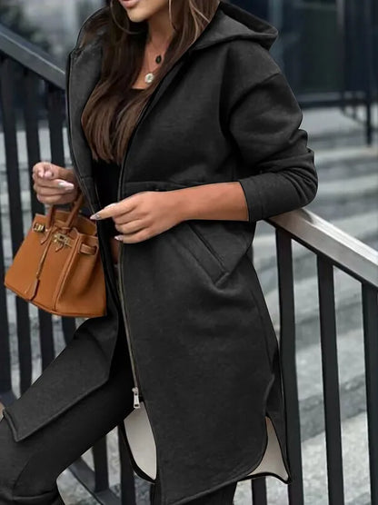 Women Pant Set Hooded Zipper Long Coats Two Piece Suits Casual Straight Pants