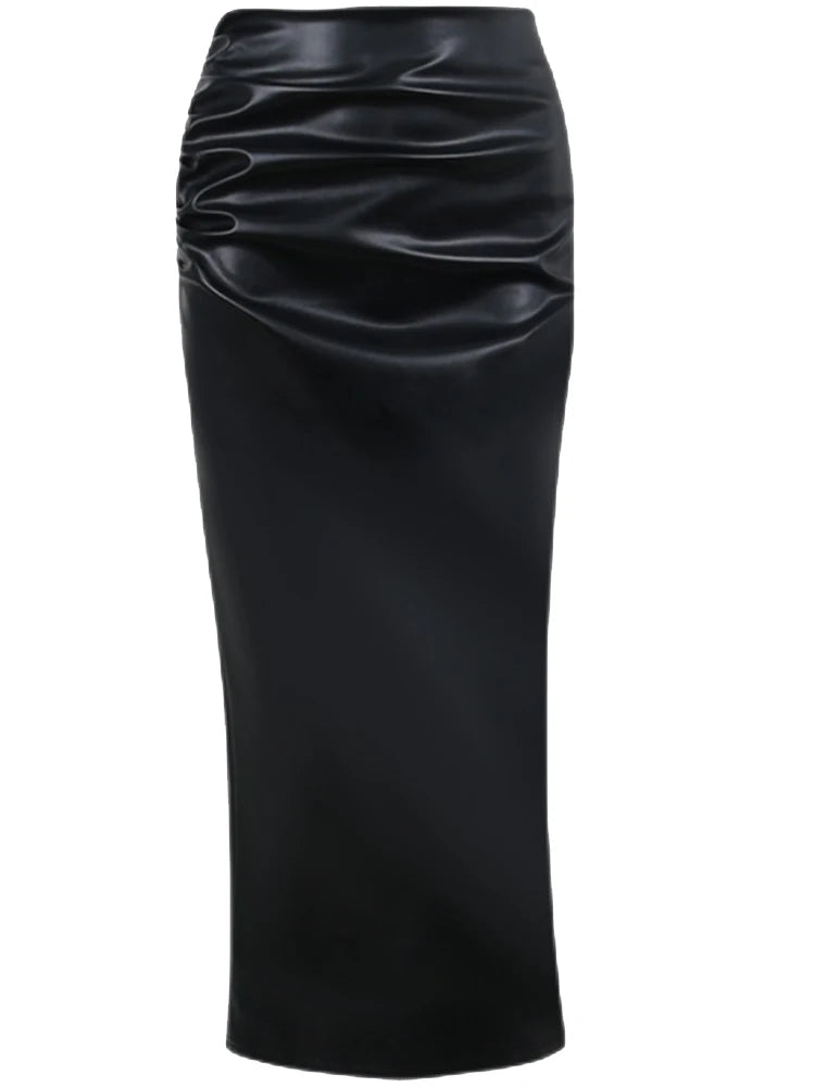 Elegant PU Leather Pencil Midi Skirts Women Slim High Waist Black Skirts