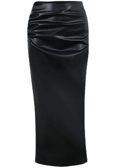 Elegant PU Leather Pencil Midi Skirts Women Slim High Waist Black Skirts