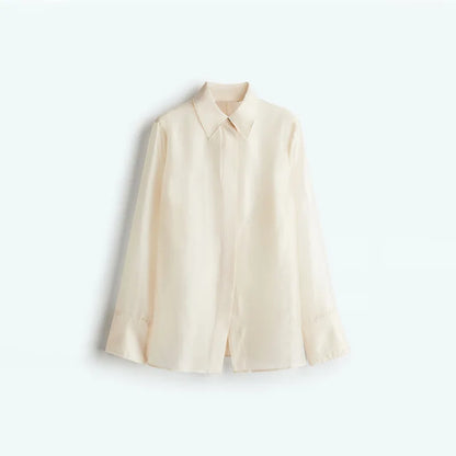 Sexy See Through Silk Set Women Elegant Blazer Coat Loose Shirt Wide-leg Pants