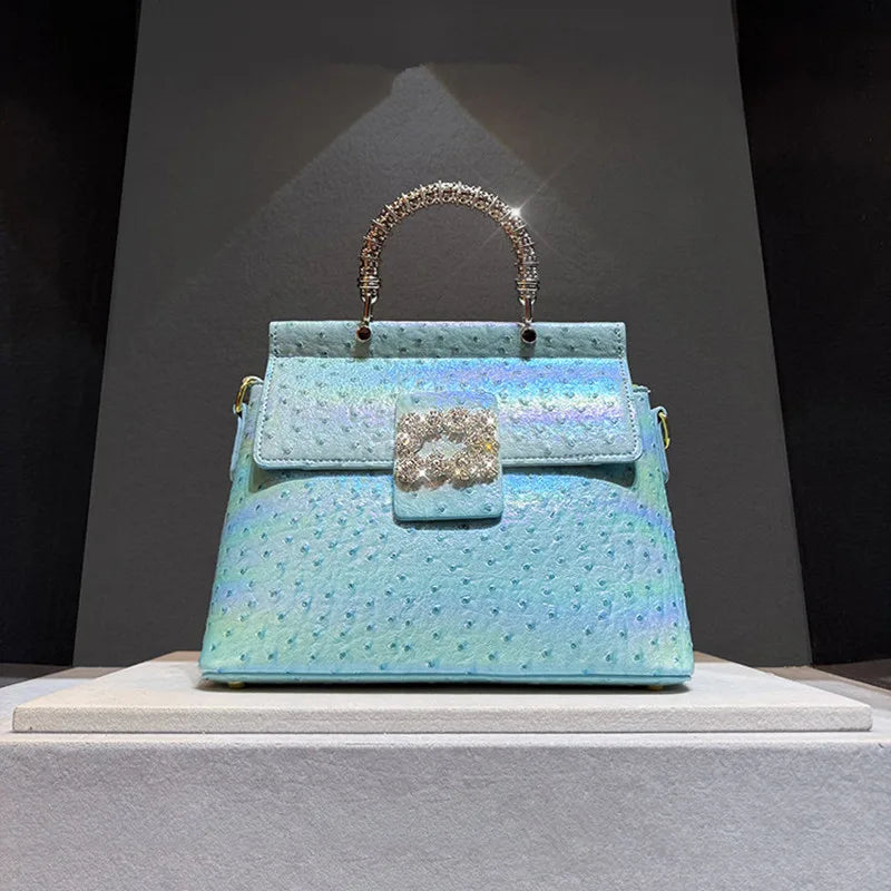 Ostrich Pattern Leather Women's Handbags Diamond-encrusted Shell Bag