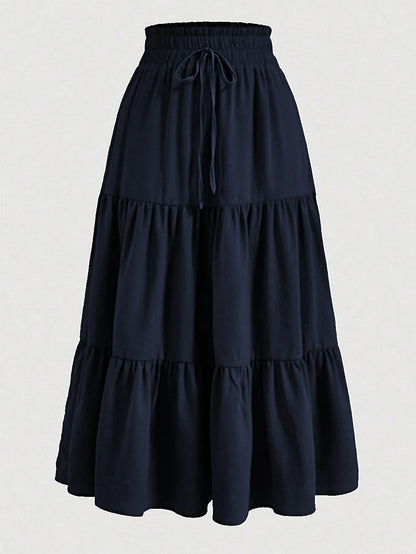 Women's Patchwork Solid Color Loose Skirt; Commuting Casual Cake Skirt; Elastic Waist Elegant Skirt