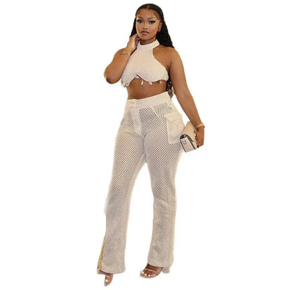 Women's Two Piece Solid Color Neck Hanging Skirt Top with Hollow Pocket Pants Set