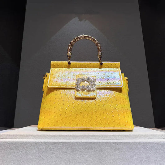 Ostrich Pattern Leather Women's Handbags Diamond-encrusted Shell Bag