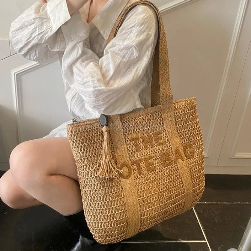Women's Large Capacity Shoulder Bag Straw Woven Bag Letter Embroidery Handbag