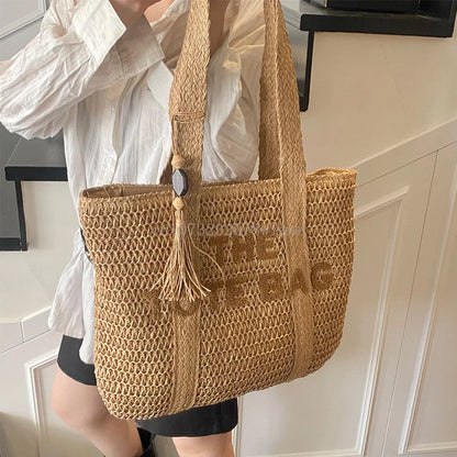 Women's Large Capacity Shoulder Bag Straw Woven Bag Letter Embroidery Handbag