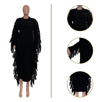 Women Long Sleeve Tassel Bodycon Midi Knit Dress O-neck Sweater Dress